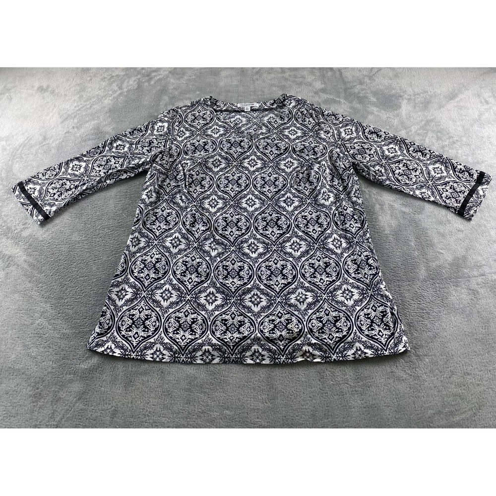 Croft & Barrow Womens XL Black White Medallion V-Neck 3/4 Sleeve Blouse Top